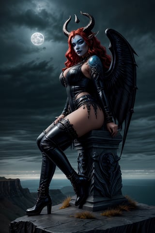 full body shot side view, a stunning beautiful young queen of gargoyles, mischevious smile on her face, goth make-up. she has detailed realistic devil wings on her back, big horns, thick voluminous long curly vivid red hair, ice blue eyes,  small breasts, sitting on the ledge of a very tall cliff on a deserted island above the stormy seas below. she is looking at the vast deserted ocean below her. she is wearing an elaborate leather outfit with buckles, straps and metal chains. she has combat boots on her feet. it's nighttime, stormy dark clouds are in the sky, lightening, a glowing full moon and stars are in the sky. a carved gargoyle statue is next to her.
,Detailedface,blue skin,color paint,AGGA_ST046,SD 1.5,realhands