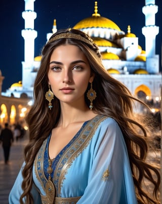 32k, large and very detailed eyes, ultra realistic details, beautiful mythic ancient turkish woman, serene facial expression, elaborate very long braided hair, traditional turkish female dress, floating, windy, messy hair, elaborate difficult, masterpiece, high quality, detailed cores, blue mosque, istanbul, turkey, in background, shafts of light, night sky, full moon, stars, breathtaking beauty, pure perfection, mystical, cinematographic, full body shot, full body shot,