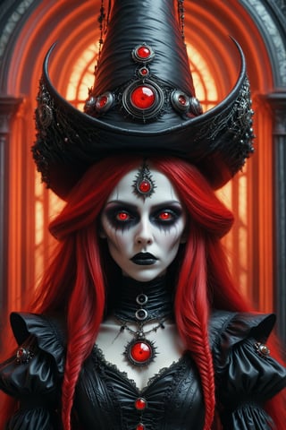 middle shot, cinematic, dynamic, realistic portrait of a dark ancient witch priestess. a fusion of elaborate rococo, futuristic gothic witchy punk. she wears a witch hat. she has long vivid red and black streaked hair. eyes are closed in prayer. a detailed background of a dark ceremonial temple with occult and celestial imagry, perfect female anatomy, goth person, pastel goth, dal, Gaelic Pattern Style, middle shot, cinematic, dynamic