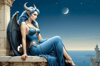 extreme long shot, side view, michael parkes style, a stunning beautiful young queen of gargoyles with gargoyle wings, horns, thick voluminous long blue hair and hands in her lap is sitting on the ledge of a very tall castle on a cliff above the ocean below on a rocky deserted coastline. she is wearing an elaborate long blue gown. she is sitting next to a detailed realistic gargoyle. its night time with a full moon. dark sky & stars are in the sky.  michael parkes, zoom out.,1girl,Masterpiece,SD 1.5,realistic,fashion_girl,more detail XL,extremely detailed
