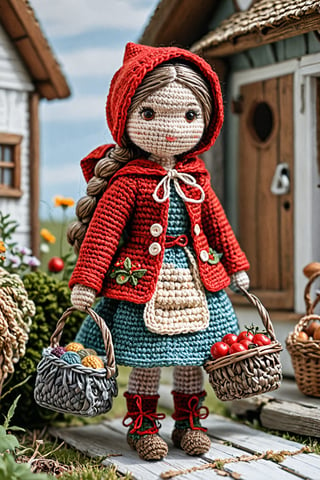 little red riding hood girl carrying a basket, standing outside her grandma's cottage, detailed textures, ultra sharp, crocheted