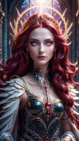 close up portrait of a beautiful queen of the angels glowing, magnificent, serene, vivid ruby hair, large ruby eyes, she is wearing an elaborate gown, detailed background of a heavenly castle of light marble, AngelicStyle,more detail XL, 