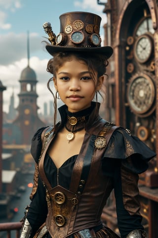 medium shot of 1girl, a serene and beautiful 
Zendaya with a closed mouth smile. she is dressed in an elaborate steampunk outfit. behind her is a steampunk cityscape.