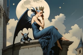 extreme long shot view,  michael parkes style, a beautiful young queen of gargoyles with gargoyle wings, long grey-blue hair, an elaborate black silk gown and a silver crown is sitting next to gargoyles on the top of a very tall building. her eyes are open and she has a serene expression. its night time with a full moon and dark sky. a gargoyle is swooping down from above getting ready to land on a building. stars are in the sky.  michael parkes, artist study hands. ,1girl,Masterpiece,SD 1.5,realistic
