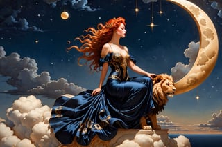 side view. full body shot, extreme long shot,  michael parkes style, pre-raphaelite, a beautiful young red haired woman is sitting on an illuminated golden crescent moon in the sky. she is wearing an elaborate navy blue silk gown with intricate gold embroidery. her pet lion is sitting on a floating cloud nex to her. the sky is blue, there are surreal glowing orbs with intricate patterns floating in the sky,  michael parkes, perfect anatomy. beautiful hands, intricate hands, transparent nail-polish, artist study hands. ,1girl
