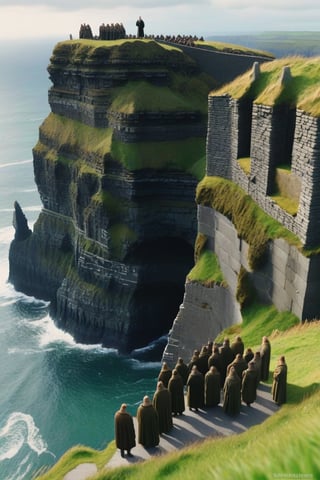 very detailed scene of st. patrick being held captive surrounded by a small group of ancient celts, the scene is atop on the edge of the cliffs of moher, realistic, cinematic moviemaker style