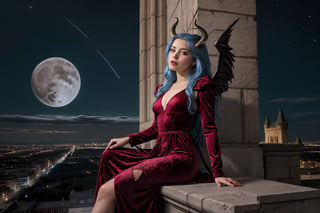 extreme long shot, michael parkes style, a beautiful young queen of gargoyles with gargoyle wings, horns, thick voluminous long blue hair is sitting on the ledge of a very tall castle. she is wearing an elaborate long velvet gown. she is sitting next to a gargoyle. its night time with a full moon. dark sky & stars are in the sky.  michael parkes, zoom out.,1girl,Masterpiece,SD 1.5,realistic