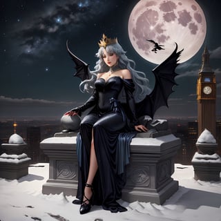 extreme long shot view, full body shot,  michael parkes style, a beautiful young queen of gargoyles. long grey-blue hair, an elaborate black silk gown and a silver crown is sitting on top of a very tall building. her eyes are open and she has a serene expression.  (-bad hands -unnatural hands -disfigured hands) its night time with a full moon and dark sky. small gargoyles are swooping in the sky. stars are in the sky.  in the distance are tall buildings with gargoyles. michael parkes, artist study hands. ,1girl,Masterpiece,SD 1.5,realistic,leonardo