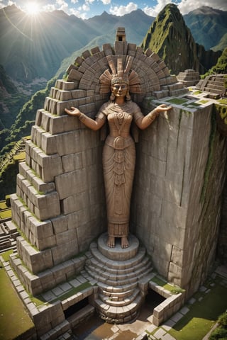 machu piccu landmark. incredibly spectacular:1.2), (Mario Botta:1.3), (avant-garde, future, reality, science fiction, photorealistic), (modern architecture:1.2), White limestone with black granite, fountains, waterfall, pools of water, landmark, green grass, square, path, at the entrance to this mountain settlement stands a giant ancient aztec goddess carved out of stone head to toe. beautiful female face. her arms spread wide with palms up welcoming visitors. she wears a flowing gown with long draping sleeves. 
she is a statue of an aztec peruvian goddess. the statue is of a very large scale several hundreds of feet tall. Large Files, Ultra Realistic, 8K, 16k, FHD, HD, VFX, Perfect, Photography, composition, sunlight, ray tracing, clear shadow:1.2),  (real landscape:1.1), (blurred background:1.0), (urban background, more_details) ,
mayamaze,extrusionbuilding,caveruinsPOV,caveruinsAerial