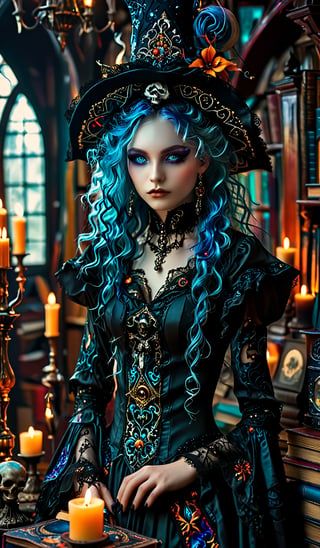 1girl,Envision a beautiful rococo gothic witch. curly long vivid blue hair, light blue eyes. dark gothic make-up. she is resplendent in a beautiful witch dress and pointy hat adorned with intricate gothic embroidery, with rich colors and luxurious fabrics. she is standing in her rococo witches lair of ancient leather books, spellbooks, potions, candles, crystal ball, skull. she is powerful and benevolent, a healer of the highest order. DonMM1y4XL, (((perfect hands))), (((perfect fingers))) (((perfect anatomy)))