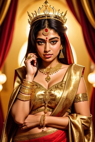 full body shot, Lakshmi is a Hindu goddess of prosperity and wealth, elaborate and intricate indian female costume in colors of red and gold, she is wearing elaborate gold necklaces earrings rings on her fingers and bangles on her arms, gold nose ring, serene beautiful face, Lakshmi is surrounded by lotus flowers, she is glowing, illuminated, a holy goddess, with an elaborate gold crown, detailed background of the heavens, clouds stars, ,Detailedface,1girl,Masterpiece,Saree, full body,realhands