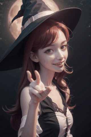 (masterpiece), halloween, night, full moon, starry sky background, 1girl, witch hat, red hair, medium hair, smile, finger to own chin, index finger raised, finger to mouth, pointing at self, tongue