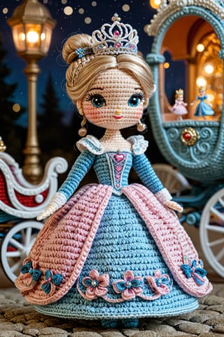 cinderella with blond hair in a bun, a tiara on her head and elaborate princess outfit standing outside of the carriage wearing glass slippers, night time full moon,  detailed textures, ultra sharp, crocheted