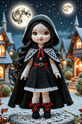 a cute vampire girl, wearing a vampire hooded cape and black dress, jet black long hair, standing outside, night time, full moon detailed textures, ultra sharp, crocheted