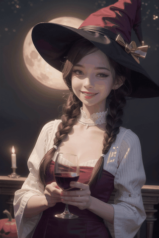 (masterpiece), halloween, night, full moon, starry sky background, 1girl, witch hat, vivid shiny red braided hair, smile, holding a glass goblet of red wine, lifting goblet to show viewer,