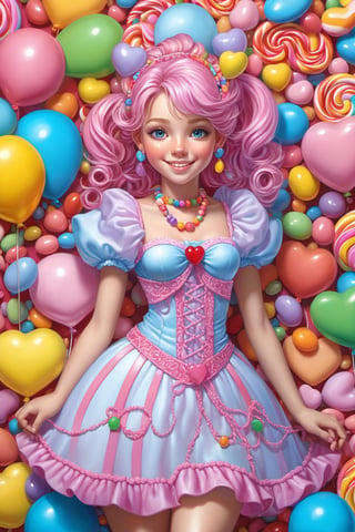 (masterpiece:1.2), (photorealistic:1.2), (best quality),((realistic:1.3)), (detailed skin:1.3), (intricate details), dramatic, ray tracing,finely detailed, quality,realistic lighting, smile,young 15 year old girl,1girl, pale skin, freckles, elaborate candy colored princess dress, candy style necklace, earrings and hair adornments, multi-colored pastel curly hair in ponytails with bangs, full body,looking at viewer, detailed elaborate background of candy hearts, candy bubbles, lolipops, fluffy cotton candy, gummy bears, spiral lolopops, vivid balloons, ,bon bons, sweethearts, girl is surrounded by candy on all sides, ,more detail XL