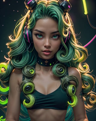 zoomed out, two girls, sitting in chair, symmetrical face, perfect realistic green eyes, (female hair made of fine multicolored neon, green curls:1.5), (long thin hair made of multicolored neon strands, wearing headphones, serene expression, enjoying music, realism, ultra high resolution, 8k, HDr, art, high detail, , art, detailed background night sky, full moon, starry sky, zoomed out