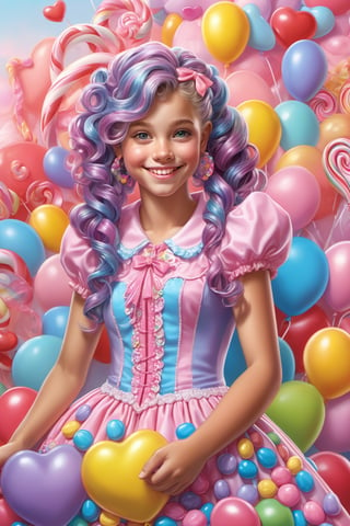 (masterpiece:1.2), (photorealistic:1.2), (best quality),((realistic:1.3)), (detailed skin:1.3), (intricate details), dramatic, ray tracing,finely detailed, quality,realistic lighting, smile,young 15 year old girl,1girl, pale skin, elaborate candy colored dress, multi-colored pastel curly hair in ponytails with bangs, full body,looking at viewer, candy hearts, candy bubbles, lolipops, cotton candy, vivid balloons, , bon bons, girls is surrounded by candy on all sides, ,more detail XL