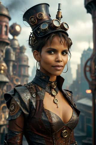 medium shot of 1girl, a happy and beautiful Halle Berry with a closed mouth smile. she is dressed in an elaborate steampunk outfit. behind her is a steampunk cityscape.