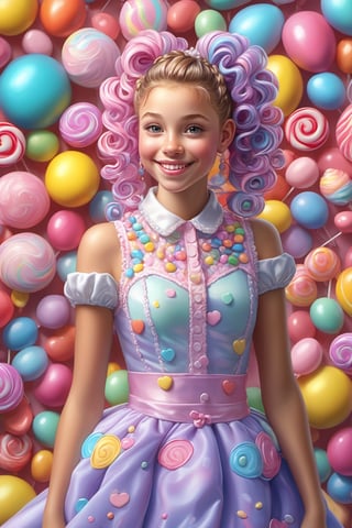 (masterpiece:1.2), (photorealistic:1.2), (best quality),((realistic:1.3)), (detailed skin:1.3), (intricate details), dramatic, ray tracing,finely detailed, quality,realistic lighting, smile,young 15 year old girl,1girl, pale skin, elaborate candy colored dress, multi-colored pastel curly hair in ponytails with bangs, full body,looking at viewer, candy hearts, candy bubbles, lolipops, cotton candy, animak crackers, bon bons, more detail XL