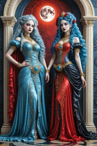 full body shot, cinematic, dynamic, realistic portrait of two beautiful ancient priestesses. side by side, looking at each other not looking at the camera. they are embracing. a fusion of elaborate rococo, ancient roman, ancient european gothic punk. one has long curly blue hair and blue eyes and wears an outfit in blue. the other has vivid red long hair and wears a red outfit. both outfits are elaborate priestess outfits. bejewelled. a detailed background of an ocean beach at night, dark sky, full moon, perfect female anatomy, goth person, pastel goth, dal, Gaelic Pattern Style, full body shot, cinematic, dynamic