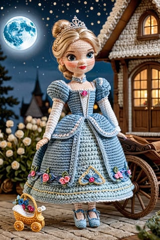 cinderella with blond hair in a bun, a tiara on her head and elaborate princess outfit standing outside of the carriage wearing glass slippers, night time full moon, she is standing outside her grandma's cottage, detailed textures, ultra sharp, crocheted