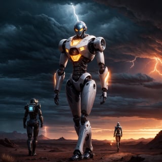 a giant, 20 ft tall android humanoid shaped robot is walking across the desert menacing. the android is metallic and machine like, rusty parts, shiny metal. a beautiful female explorer is walking in front of the robot showing the way forward. a detailed background of a vast alien desert landscape, sandstone ruins, sandstone hills, red sand, a stormy sky, dark menacing storm clouds, lightening illuminating the black clouds. windy, deserted, , SD 1.5, perfect hands,