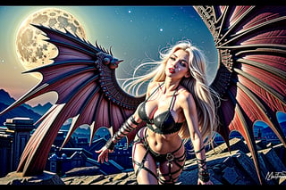 High definition vivid masterpiece, a beautiful vampire woman, elaborate spikey super long, messy white hair, blowing hair, green glowing big detailed eyes, large tattered devil wings, realistic, steampunk, night time, in front of a gothic castle, gravestones, full moon, starry sky, dreamy, fantasy, mythical, magical, steampunk mechanical glowing full moon, light shafts, detailed background, boots, full body,horror,Makeup,Masterpiece, full body,realistic