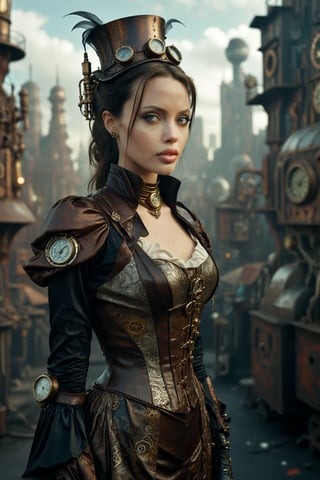medium shot of 1girl, a beautiful 20 year old Angelina Jolie. she is dressed in an elaborate steampunk outfit. behind her is a steampunk cityscape.