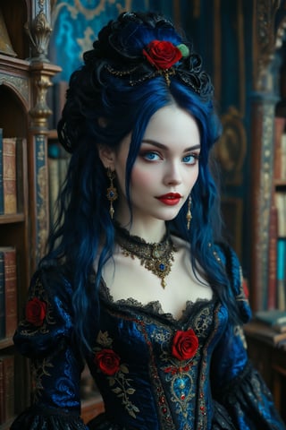 medium high angle shot of 1girl, a beautiful stunning captivating  rococo gothic witch. (((she has big vivid very long dark blue hair))). her clothes and adornments show that the has exquisite taste and she is very wealthy. decorative bejewelled gold ornaments and black and red roses in her hair. big round beautiful warm happy deep blue eyes. dark gothic make-up. smooth perfect skin, beautiful full lips. she has a warm, welcoming smile. she is resplendent in a beautiful elaborate velvet gothic witch dress adorned with intricate embroidery, brocade in rich colors and luxurious fabrics. she has her hands down at her sides. the detailed background includes her luxurious rococo study library with shelves full of ancient leather books, colorful crystal bottles, candles, magical items. she is a benevolent and loving witch.,real_booster