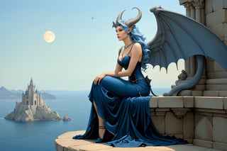 extreme long shot, side view, michael parkes style, a stunning beautiful young queen of gargoyles with gargoyle wings, horns, thick voluminous long blue hair hands to her sides is sitting on the ledge of a very tall castle on a cliff above the ocean below on a rocky deserted coastline. she is wearing an elaborate long blue gown. she is sitting next to a detailed realistic gargoyle. its night time with a full moon. dark sky & stars are in the sky.  michael parkes, zoom out.,1girl,Masterpiece,SD 1.5,realistic,fashion_girl,more detail XL,extremely detailed