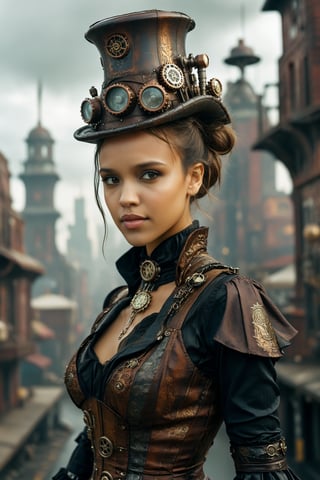 medium shot of 1girl, a beautiful Jessica Alba with a closed mouth smile. she is dressed in an elaborate steampunk outfit. behind her is a steampunk cityscape.