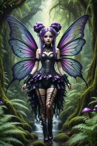 full body shot, action shot. cinematic, dynamic, realistic portrait of a dark magical female fairy. a fusion of elaborate rococo, futuristic gothic fairy Victorian punk. she has long vivid purple hair in elaborate braids and buns. vivid mesmerizing purple eyes. large iridescent glittery fairy wings. she has a mischievous smile. she hlows within. a detailed background of an ancient forest, lush, exotic flowers, ferns, trees, waterfall, mushrooms. perfect female anatomy, goth person, pastel goth, dal, Gaelic Pattern Style, full body shot, action shot. cinematic, dynamic