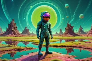 a photo of a interplanetary explorer on a swamp like planet in a field, in the style of psychedelic color schemes, nightmarish illustrations, animated gifs, dan mumford, colorful caricature, saurabh jethani, warmcore , cinematic moviemaker style