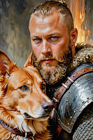 portrait of Ragnar Lodbrok and his dog, close up, oil painting old master, dynamic light, cinematic light, glow background, vintage style, oil painting striking brushstrokes background greyish, by konstantin razumov, Jean Baptiste Monge,photorealistic,analog