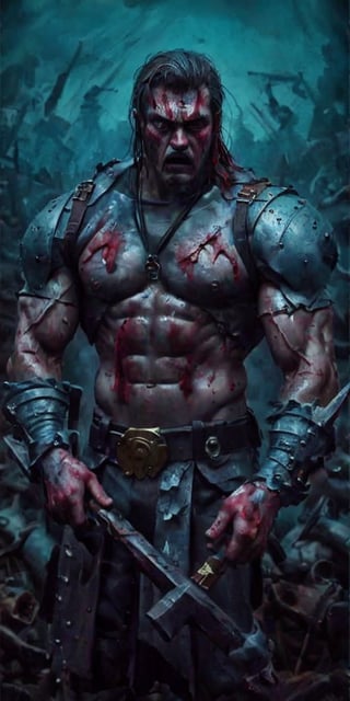 A menacing Charles "the Hammer" Martel, exuding power and aggression in every detail: his muscular frame adorned with battle scars, a fierce expression etched into his hardened face, and a bloodied warhammer clenched in his hand. This striking image is a vivid painting capturing the intensity of a fearless warrior in the midst of combat. The rich colors and intricate brushwork bring Martel to life with unparalleled realism, making it a masterpiece that demands attention and admiration.