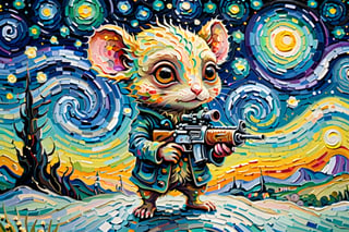 a hungry cute little alien holding a rat gun, Masterpiece, Top Quality, Super Detailed Wallpaper, Turner features high quality, detailed cosmic colors of Vincent van Gogh's Starry Night, colorful swirls reflecting a touch of atmosphere and blurring the line with reality.  Fantasy and snow falling in the sky,
 petite build,chibi emote style, bright colors, 