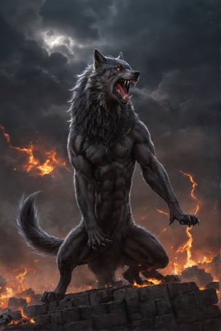 Colossal infernal Fenrir, very large and sinister. Terrifying. Mega angry. Dark and stormy background. Very detailed. Firestorm behind.