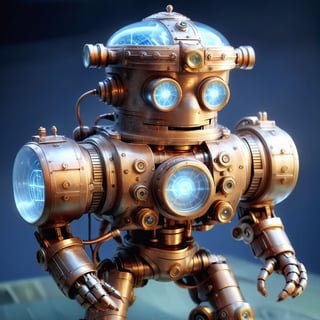 Retro Sci fi fantasy, bronze brocade steampunk robot with large glass dome head with cameras inside,  silverpoint style blue form fitting space suit woman with a tiny ray gun God rays