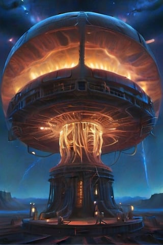 
The primary subject is a starship resembling a Tesla coil, which has a spherical shape that is slightly elongated. The starship has several tendril-like features hanging from it. This depiction is a photograph that captures the intricate details of the starship. The image showcases the starship's sleek design and modern technology, with its metallic surface shining under the light. The tendrils are depicted in a lifelike manner, with dynamic movement and delicate wisps. The overall image quality is exceptional, capturing every fine detail with clarity and precision.