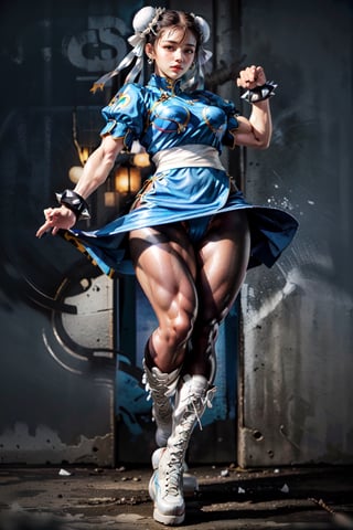 Detailedeyes,  Detailedface,  More Detail,  Realism,  Photorealism, 
1girl,  solo,  woman,  30yo,  (chun li, chun-li), pussy gape, nude beauty, chinese, toned, thick,

((blue dress, short_sleeves, exposed breast and pussy, spiked bracelet, sash, brown pantyhose), white laceup boots)),

{(hourglass_figure, small_breasts:1.6, small breasts:1.4, voluptuous,  curvy_figure,  curvaceous),  (athletic,  muscular:1.4,  abs, muscular arms:1.2,  muscular legs:1.6)},
{(brown eyes,  bright_pupils),  makeup,  lips,  lipstick,  moist_skin}, pussy gape
 
{(brown hair, short hair, (double bun), bun cover)}, 

{kung-fu},

{(background,  kung-fu dojo, tatami_mats, blurry)},  (beautiful_face:1.5),  (full_body:1.6),  (masterpiece,  best quality:1.4)