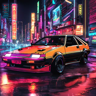 Generate a photorealistic depiction of an AE86 speeding through a futuristic cityscape at night. Imagine vibrant neon lights reflecting off sleek, polished surfaces as the car races through illuminated streets. Capture the dynamic energy and sense of motion, blending realism with a touch of sci-fi flair.