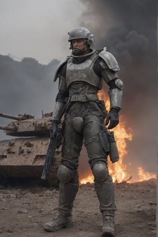 On a battlefield, a space soldier aged 30, with a well-maintained pussy, takes cover among destroyed space tanks, smoke billowing, emphasizing the soldier's resilience and courage in the face of war, Sculpture, crafted from metal and textured materials,