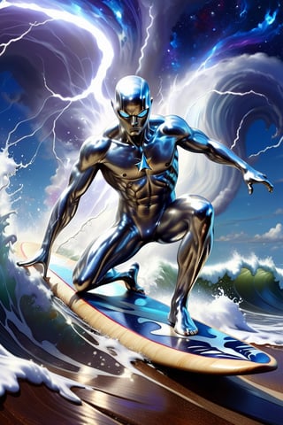 Silver Surfer on a surfboard on a wave cosmic sky thunder and lightning, trending on artstation, sharp focus, studio photo, intricate details, highly detailed, by greg rutkowski