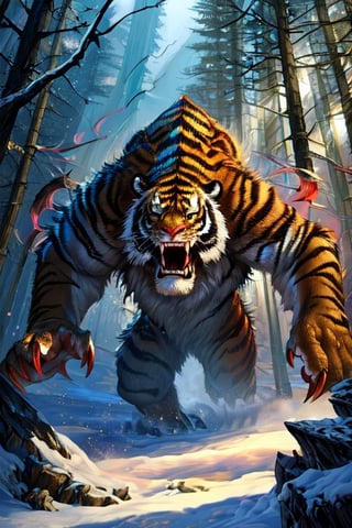 giant saber tooth tiger, roaring with rage, (wondering through snowy forest), sprinting, torn flesh, fantasy magic, dark light night, intricate, elegant, sharp focus, illustration, highly detailed, digital painting, concept art, matte, art by wlop and artgerm and greg rutkowski and alphonse mucha, masterpiece, monster