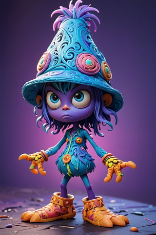 fantasy alien, full body shot, from The Walking Dead in the art style of Dr. Seuss and Pixar as a vinyl toy, unreal engine 5, 16k, hyper realistic, ultra detail, final gather. wearing a hat. The background is toned in blue-purple-black. Abstraction, rispograph print, acrylic paint, wax, cartoon art, lots of movement, Abstract, swaying pose, psychedelic , tatto , vibrant colors, relief, embossed style, embossed colors ,cut paper art, minimalism, chaotic, explosive , weird, clarty , cute, cool, cartoon animated characters, crochet, feathery, German quilt embroidery, mother-of-pearl motifs, depth, sharpness