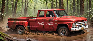 (1 truck, Coca Cola red 1966 Chevrolet C10 redesigned by Carol Shelby ), Generate an image of a Chevrolet C10 tearing through a dense forest during a rally race, with mud splattering, leaves flying, and the vibrant greenery as the epic backdrop. The truck’s classic styling and the dynamic forest setting should evoke a sense of speed and adrenaline. best quality, realistic, photography, highly detailed, 8K, HDR, photorealism, naturalistic, lifelike, raw photo,H effect,real_booster,Comic Book-Style 2d