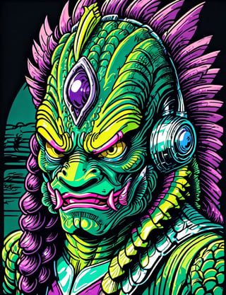 head and shoulders portrait, (creature from the black lagoon:1.5) creature warrior, green, purple, and blue colorful, symmetrical precise detail, symmetrical features, (flat silkscreen:1.5) , wearing mask, pastel-color, creative, dark flat color background ,oni style