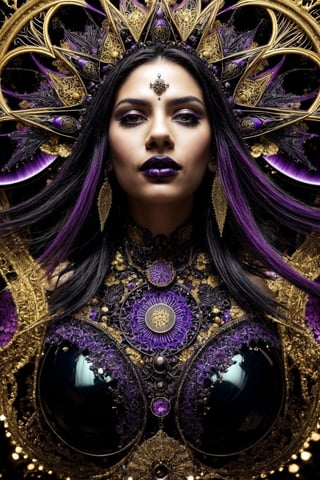 full body portrait of a Puerto Rican women, black and gold, purple oil, large natural perky breast, body covered purple oil, perfect round black iris, surreal biomechanical, dreamlike atmosphere, purple ferrofluid, ultra detail, perfect composition, alcohol ink, rich colors, beautiful colors, symmetrical, beautiful lighting, reflections, filigree, masterpiece, amazing, beautiful, gothic, heavenly, fantasy gothic, fragmented partscubes, embroidery designe, calligraphy inks, surrealist atmosphere, digital structures creates, tribal culture, complex and inspirational designs, high detail, detailed cosmic background