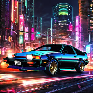 Generate a photorealistic depiction of an AE86 speeding through a futuristic cityscape at night. Imagine vibrant neon lights reflecting off sleek, polished surfaces as the car races through illuminated streets. Capture the dynamic energy and sense of motion, blending realism with a touch of sci-fi flair.